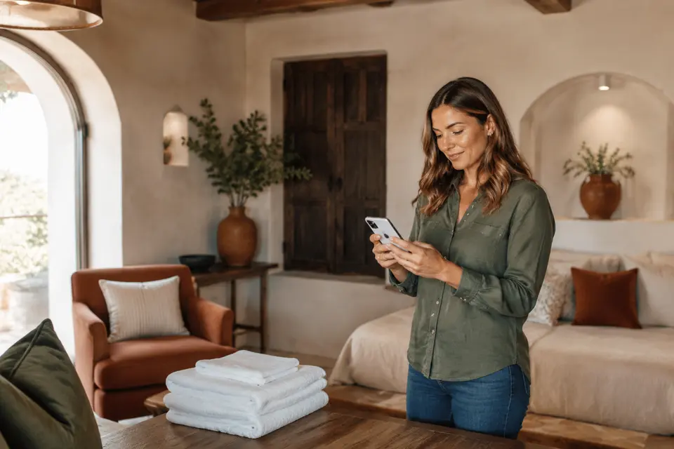 Vacation rental host managing a boutique property from her phone